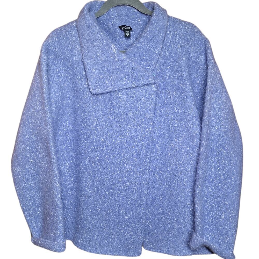 Eileen fisher periwinkle lavender alpaca wool silk boucle knit coat oversized
